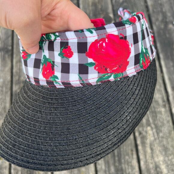 Betsey Johnson Gingham Floral Visor Black Brim Adjustable Tie One Size EUC - Picture 8 of 8